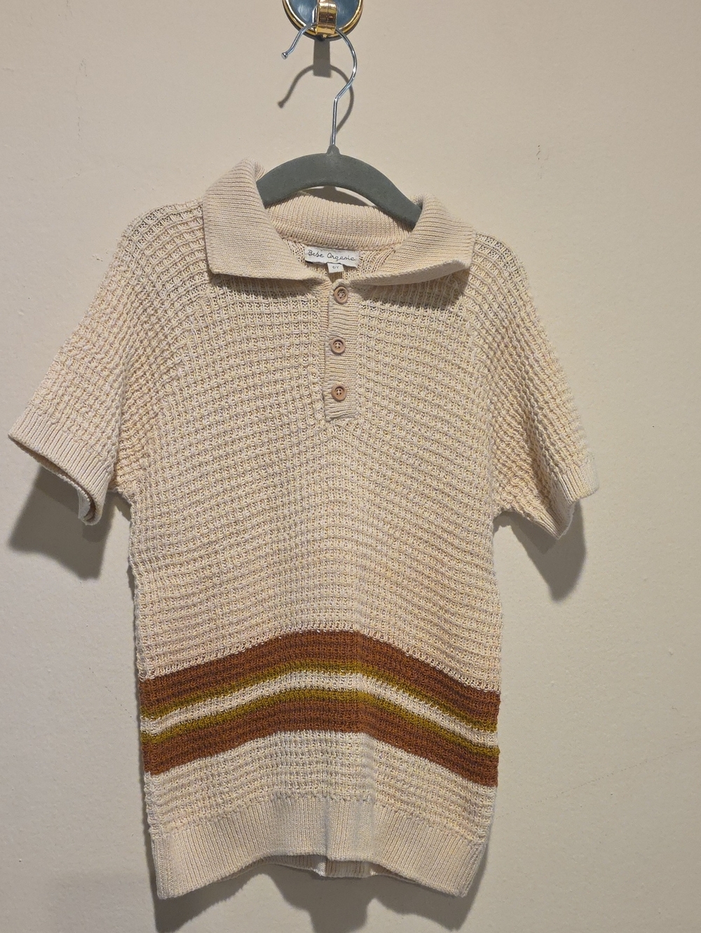 Bebe Organic Kids Cream Knit Polo Top with Brown & Olive Stripes Size 6
